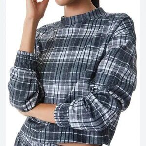 Alice + Olivia Leslie Pullover Cropped Mock Neck Top Charcoal Plaid S/P